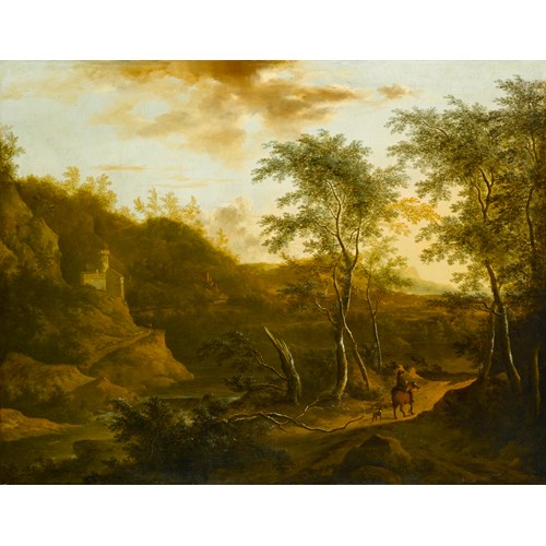 A Wooded River Landscape with a Traveller on a Track